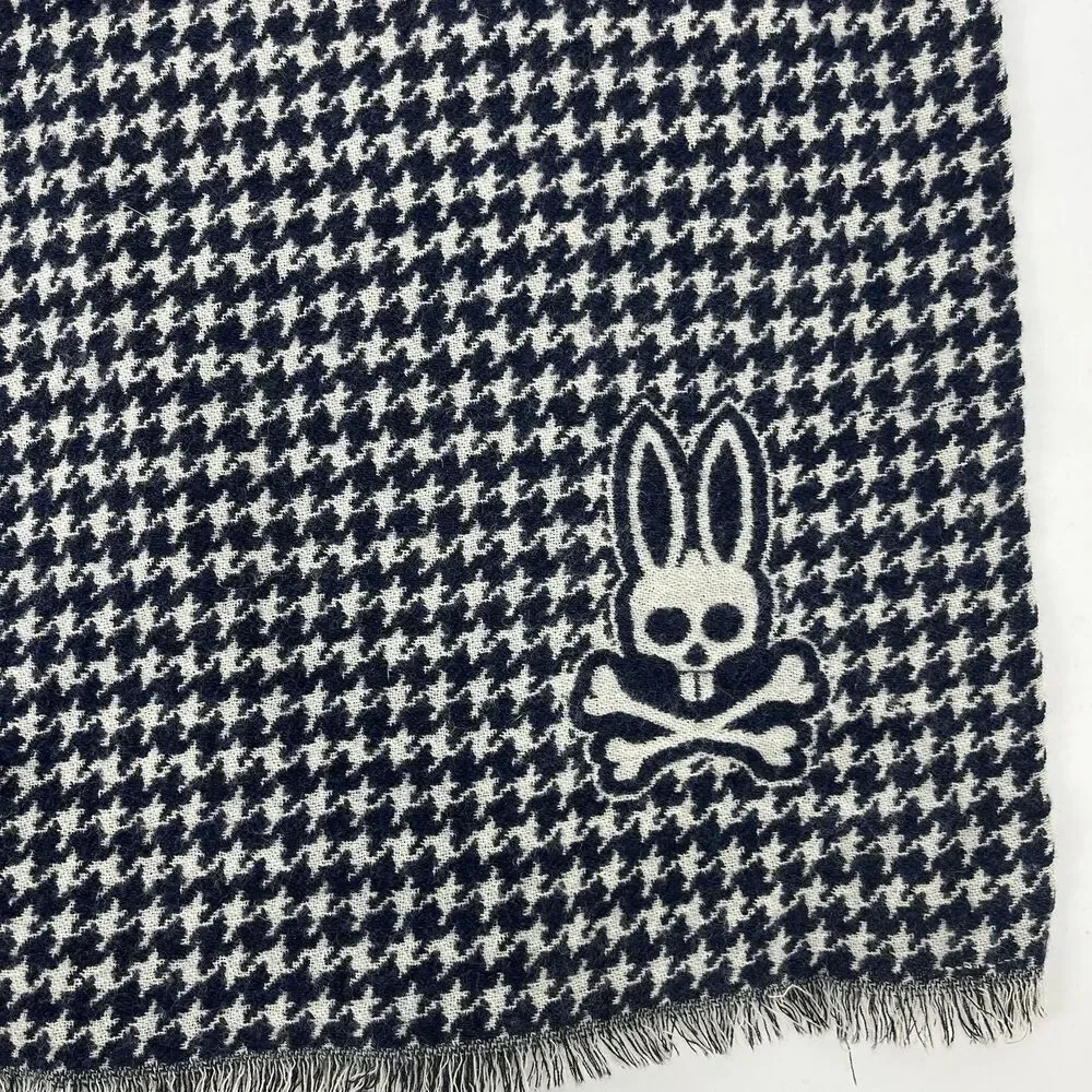 Psycho Bunny Scarf Navy Houndstooth Check Wool Italy Made 70